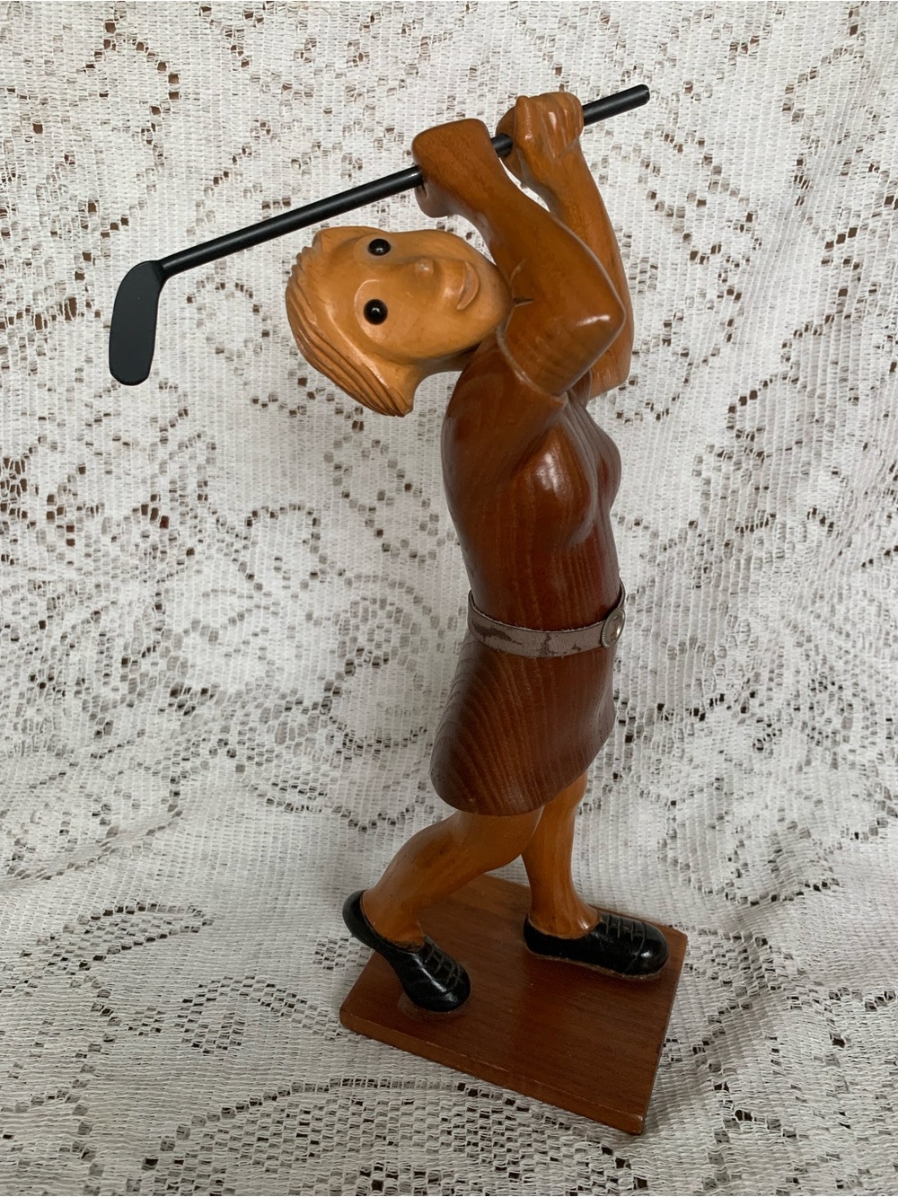 Vintage Romer Wooden Hand Carved Rare Teal Female Golfer Sculpture Italy 12"